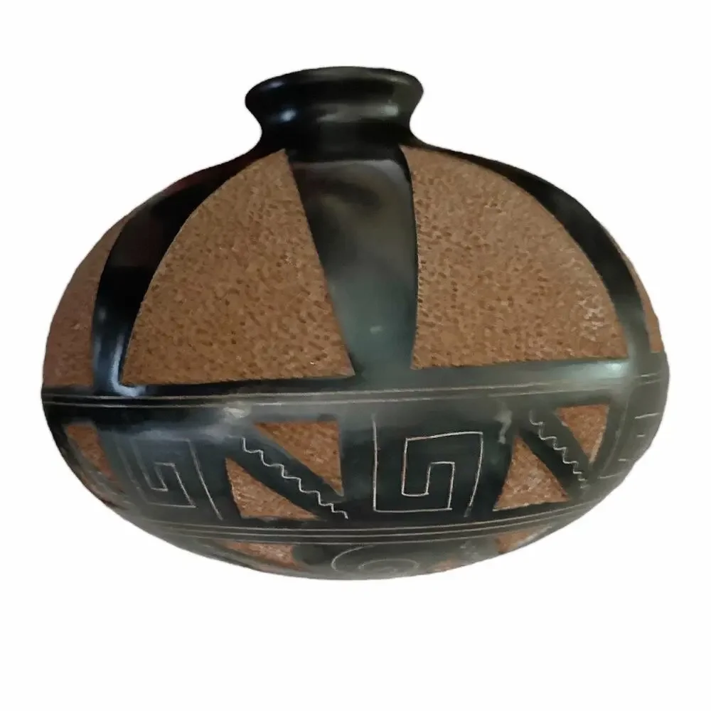 Vintage Hand Carved South American Brown Tan Pottery Vase
